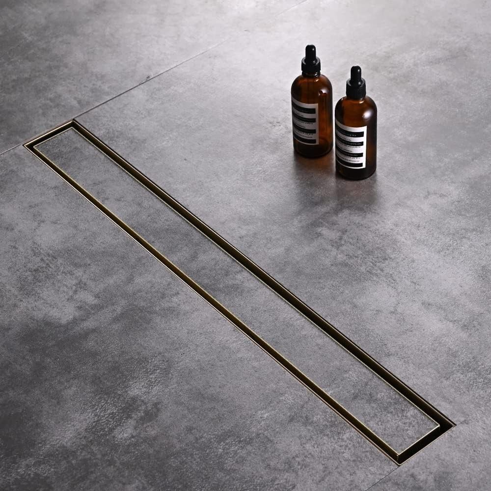 Linear Shower Floor Drain, 2-in-1 Brushed Gold 60inch Stainless Steel Bathroom